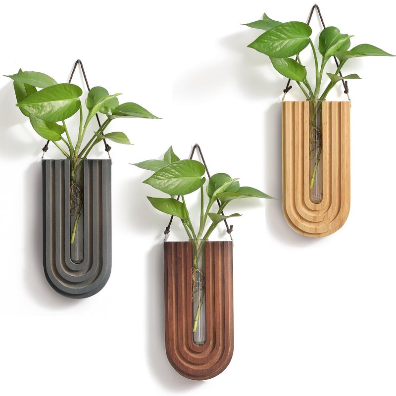GRID FORTE Wood Wall Planter محطة نشر داخلية، مزهرية خشبية معلقة للزهور المجففة وحامل نباتات الحائط Boho Wall D؟cor لغرفة المعيشة على شكل قوس قزح (مجموعة من 3) - Image 1